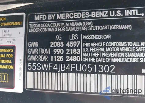 2015 Mercedes-Benz C 300 Sport из США, поврежденный, VIN 55SWF4JB4FU051302